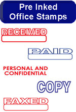 Pre-Inked Stock Stamps - Copy, Faxed, Paid, Rush, a full line of stock title stamps.  Essential to your office or mailroom.